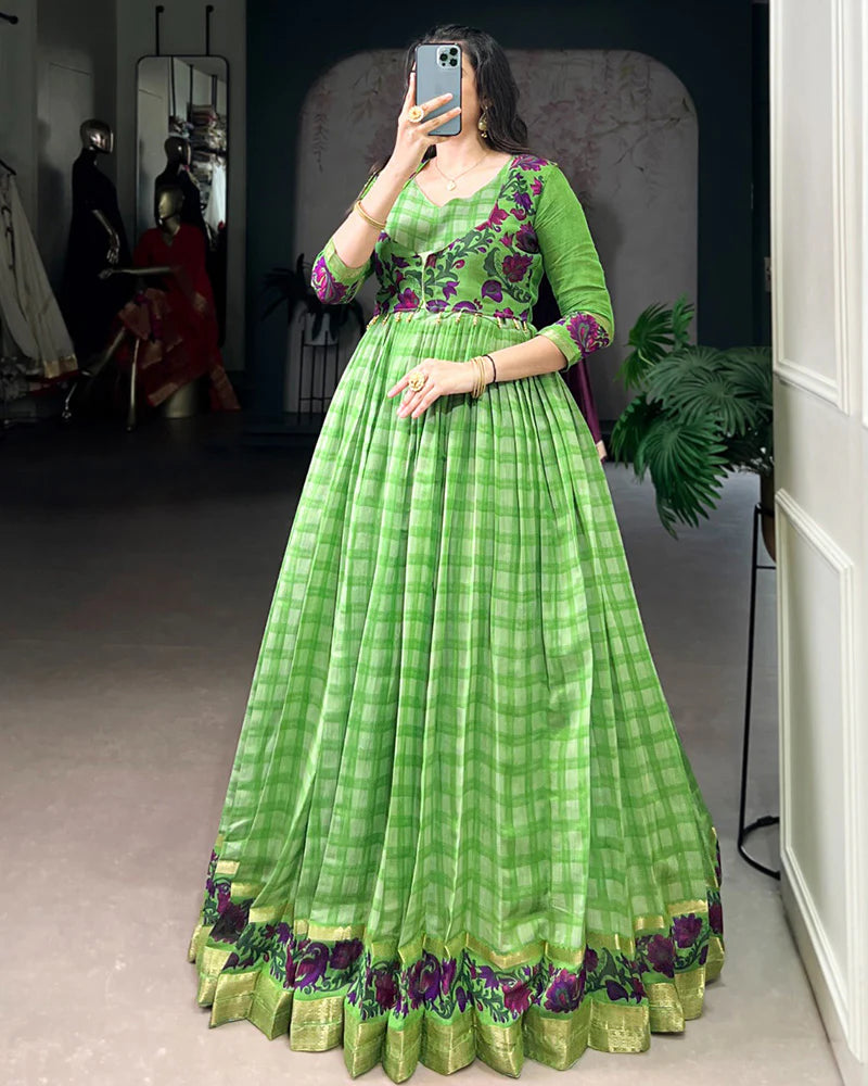 Womenline Parrot Green Color Viscose Chanderi Printed Gown