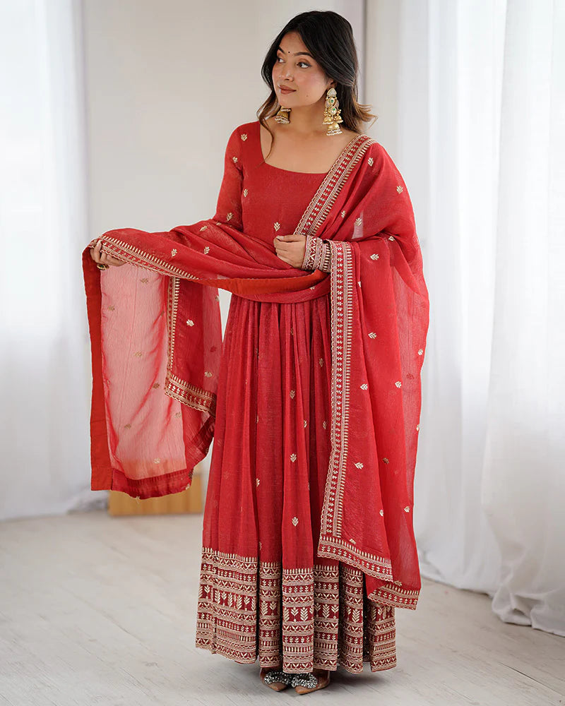 Womenline Rust Color Crunchy Silk Embroidered Gown