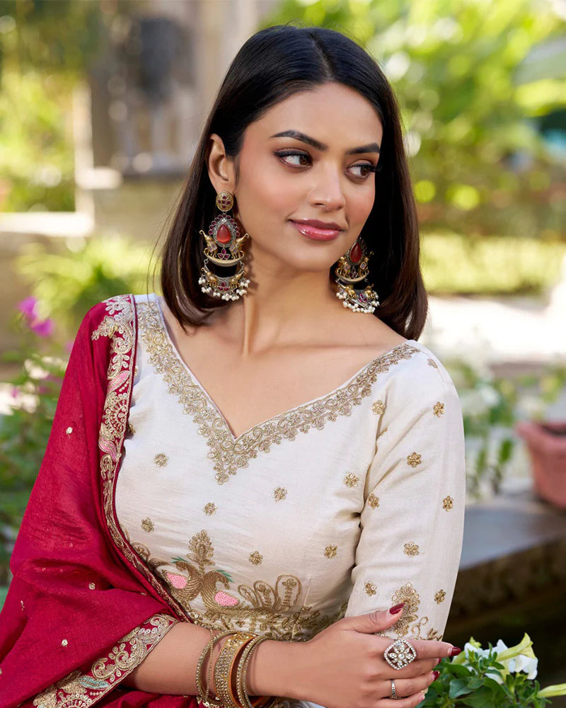 Womenline Off-White Color Vichitra Silk Thread Embroidered Lehenga Choli