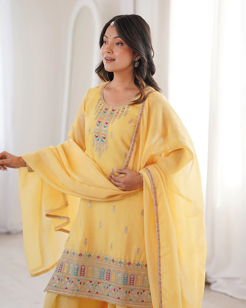 Womenline Yellow Color Crunchy Silk Embroidered Plazzo Suit