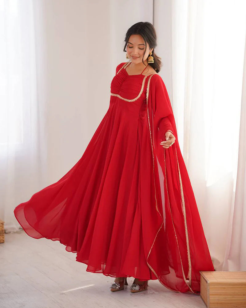 Womenline Red Color Pure Blooming Georgette Anarkali Gown