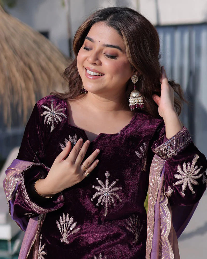 Womenline Wine Color Ice Velvet Embroidered Plazzo Suit