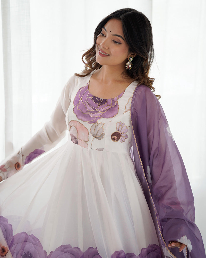 Womenline Violet Color Floral Pure Soft Tebby Organza Three Piece Anarkali Suit