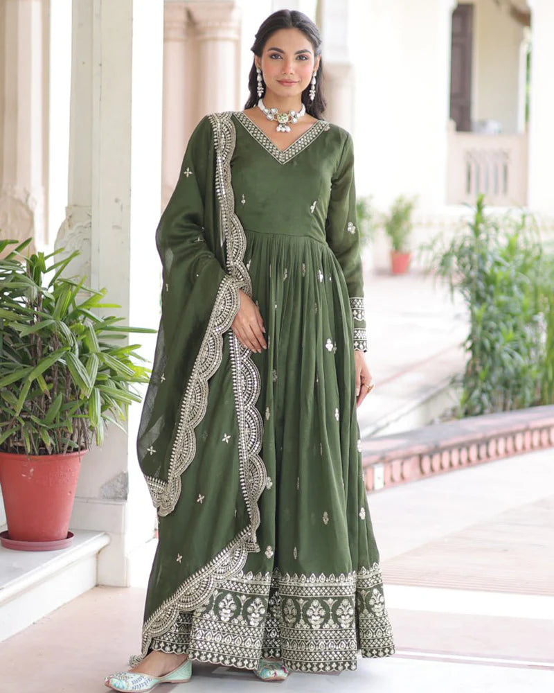 Womenline Olive Green Vichitra Silk Sequence Embroidered Gown
