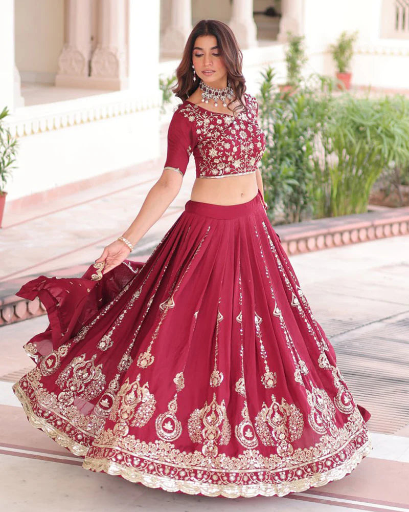 Womenline Maroon Color Vichitra Silk Embroidered Lehenga Choli