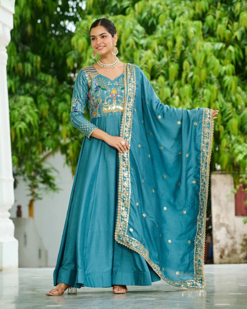 Womenline Teal Blue Color Vichitra Silk Sequence Embroidered Gown