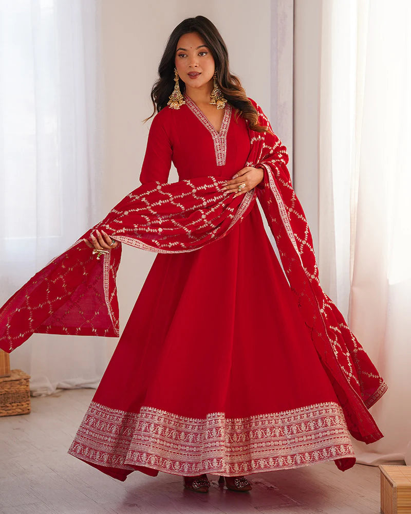 Womenline Red Color Vichitra Silk Embroidered Gown