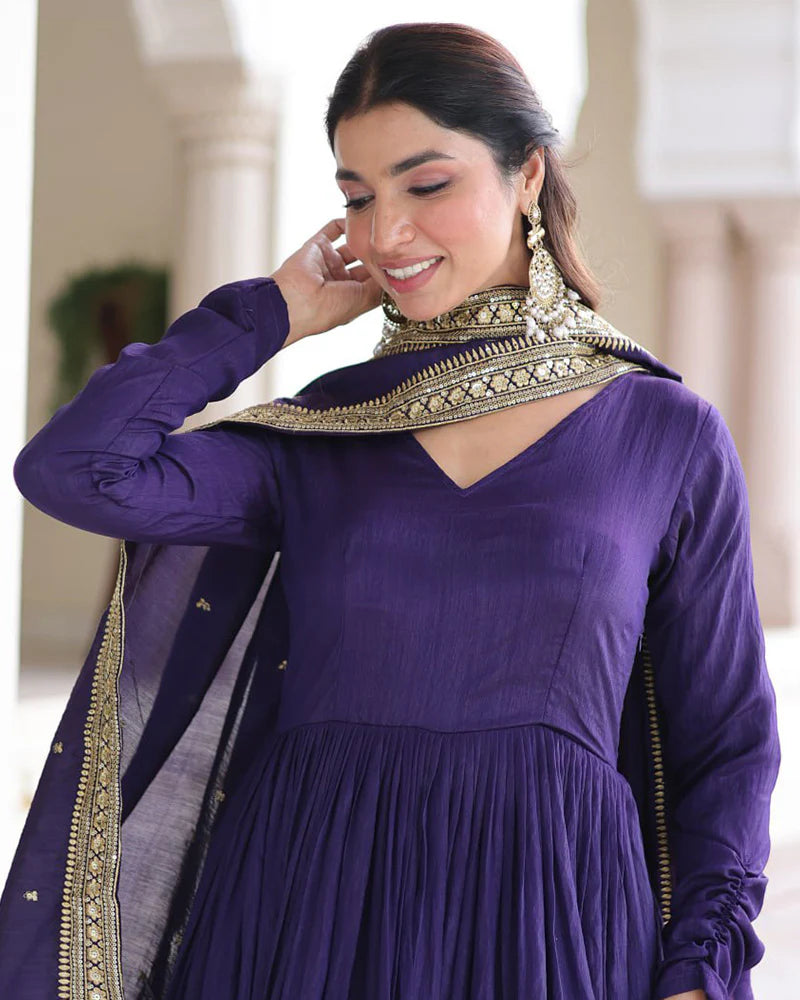 Womenline Royal Violet Color Vichitra Silk Sequence Embroidered Gown
