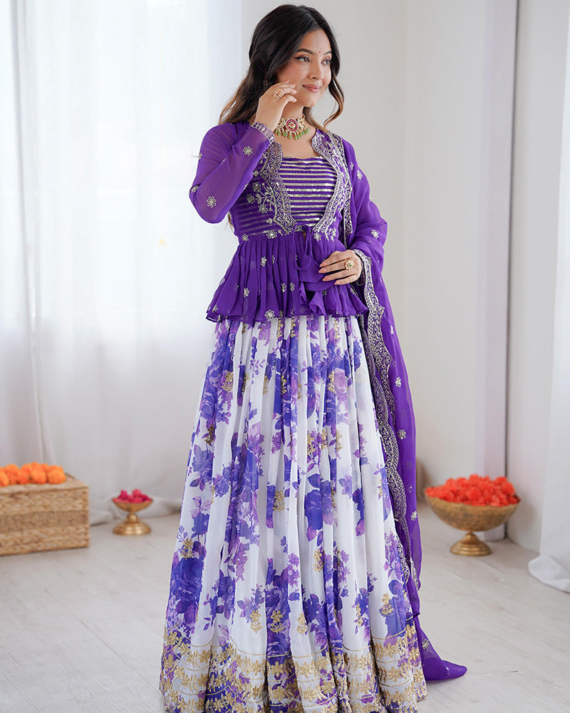 Womenline Purple Color Georgette Printed And Embroidered Lehenga Choli