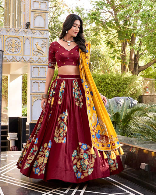 Womenline Maroon Color Tussar Silk Printed With Foil Work Lehenga Choli