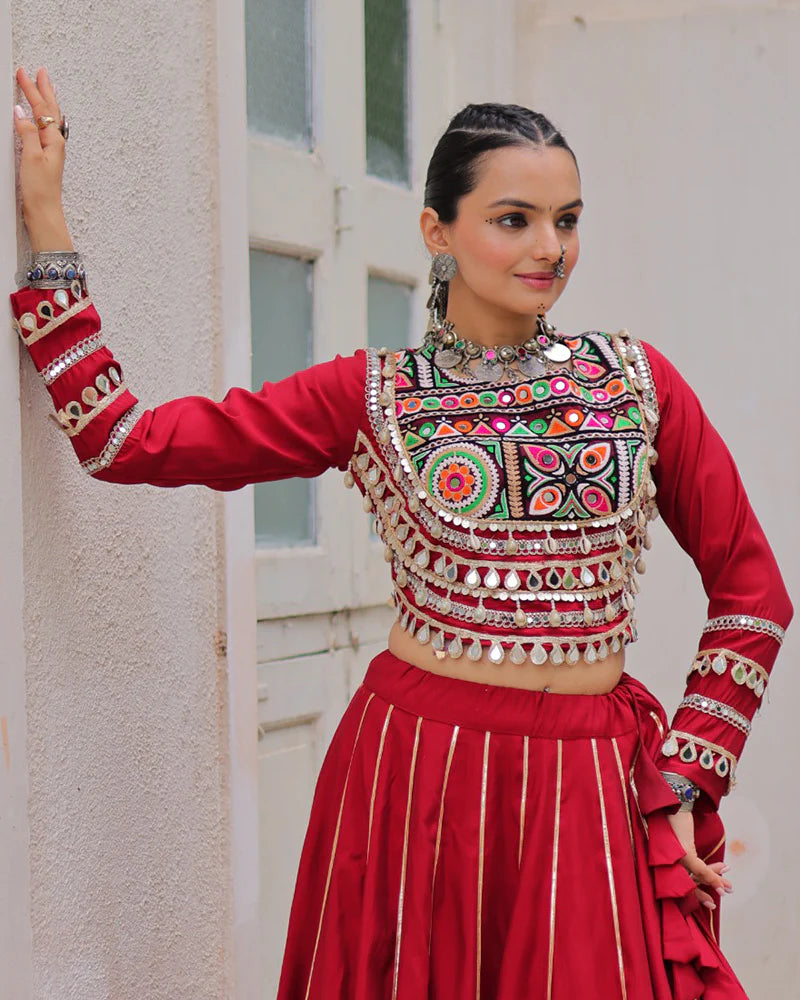 Womenline Maroon Color Roman Silk Navratri Lehenga Choli