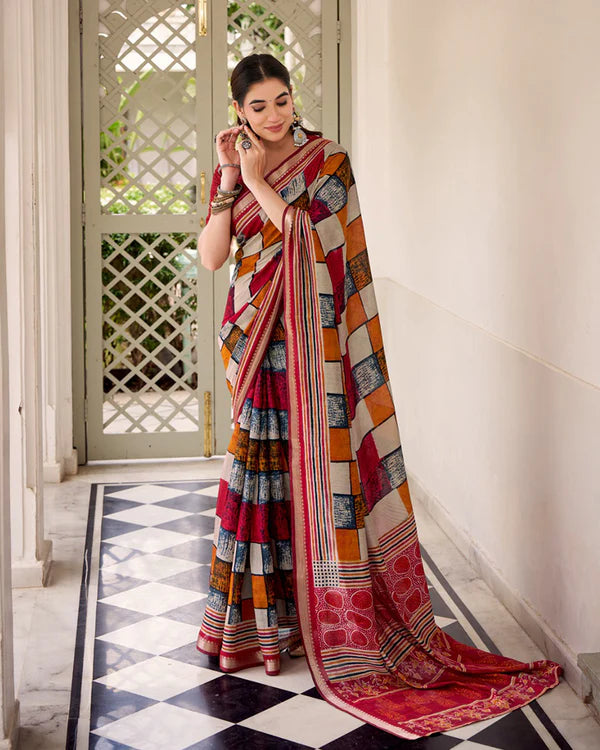 Womenline Maroon Color Polyester Chanderi Printed Saree