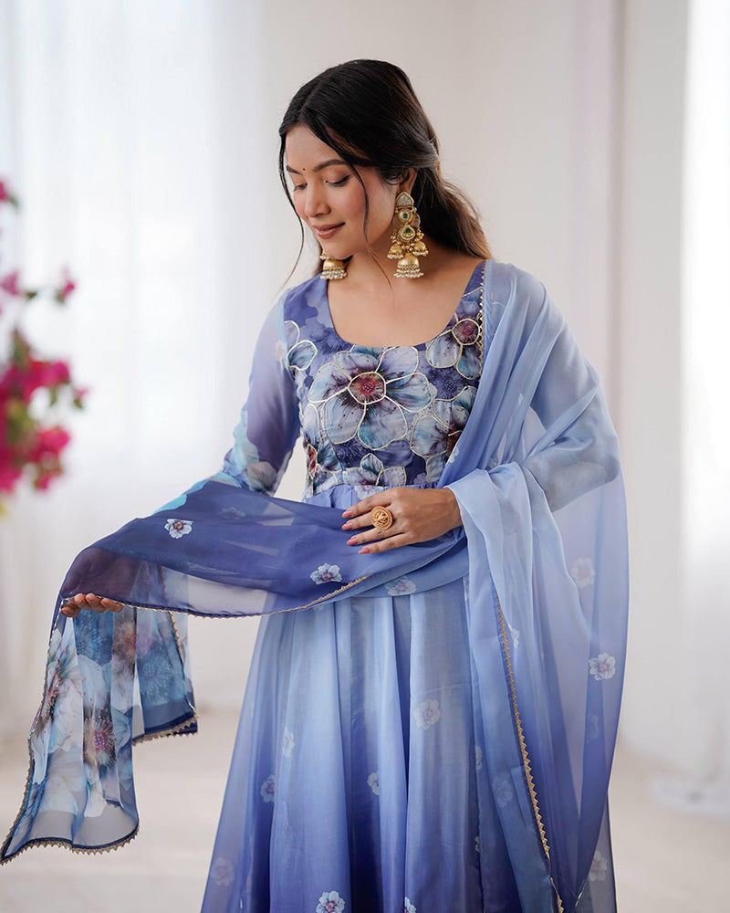 Womenline Navy Blue Floral Print Organza Three Piece Anarkali Suit