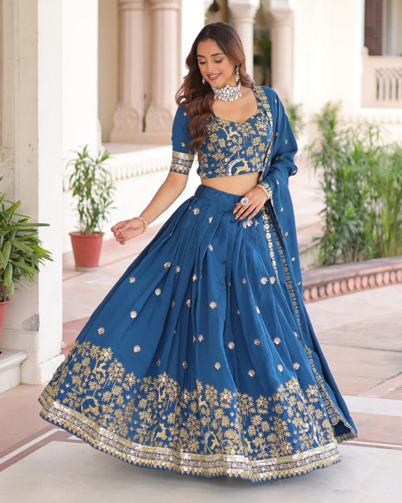 Womenline Peacock Blue Color Vichitra Silk Sequence Embroidered Lehenga Choli