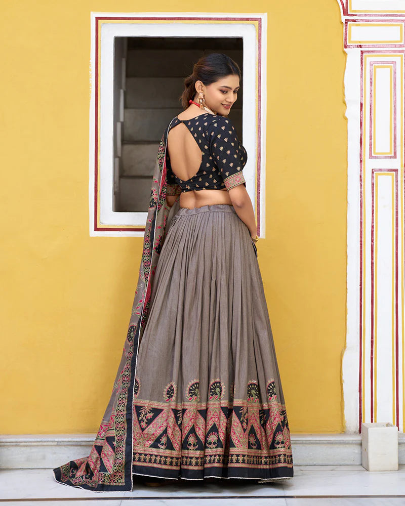 Womenline Black Color Tasar Silk Printed Sparkle Lehenga Choli
