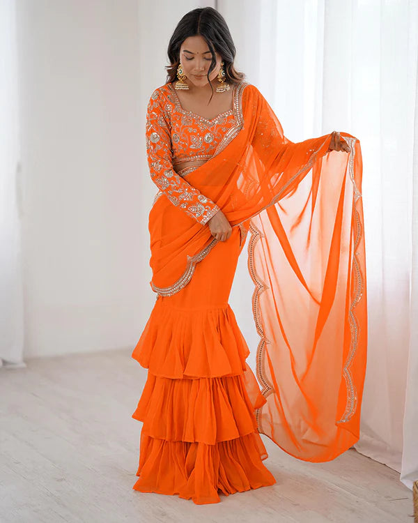 Womenline Orange Color Faux Georgette Ruffle Lehenga Saree