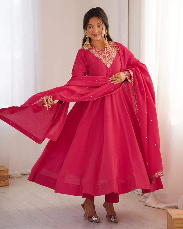Womenline Rani Pink Color Pure Shimmer Silk Anarkali Suit