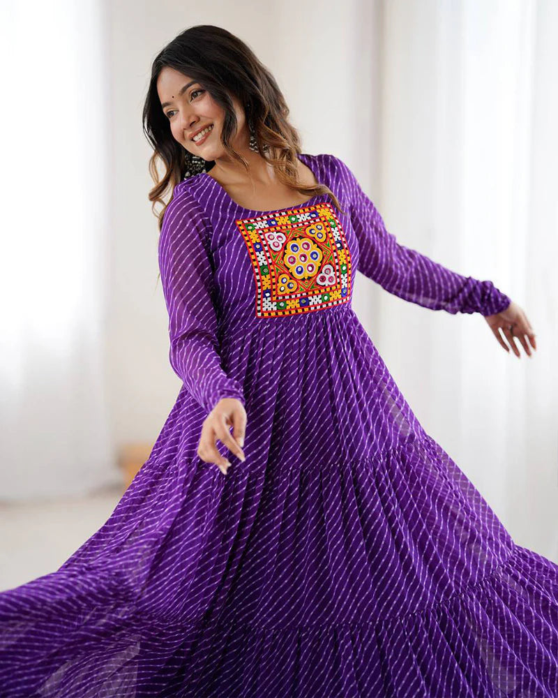 Womenline purple Color Georgette Laheriya Print Navratri Gown