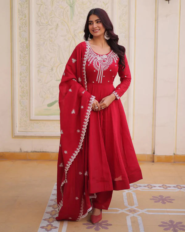 Womenline Royal Red Color Mal Chanderi Cotton Anarkali Suit