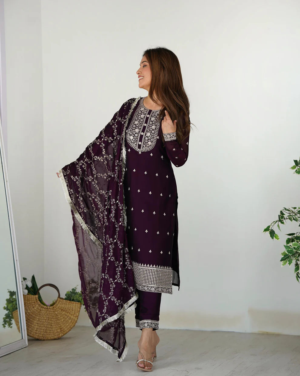 Womenline Wine Color Rangoli Silk Three Piece Kurti Suit