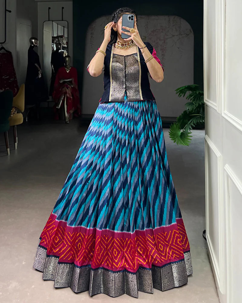 Womenline Firozi Color Tasar Silk Laheriya Printed Lehenga Choli