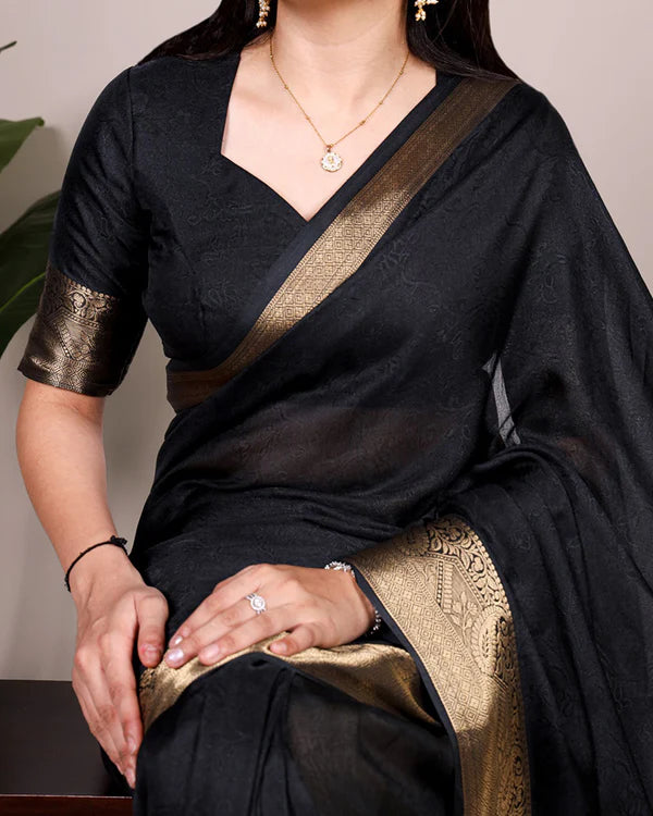 Womenline Black Color Zari Weaving Mass Mello Saree