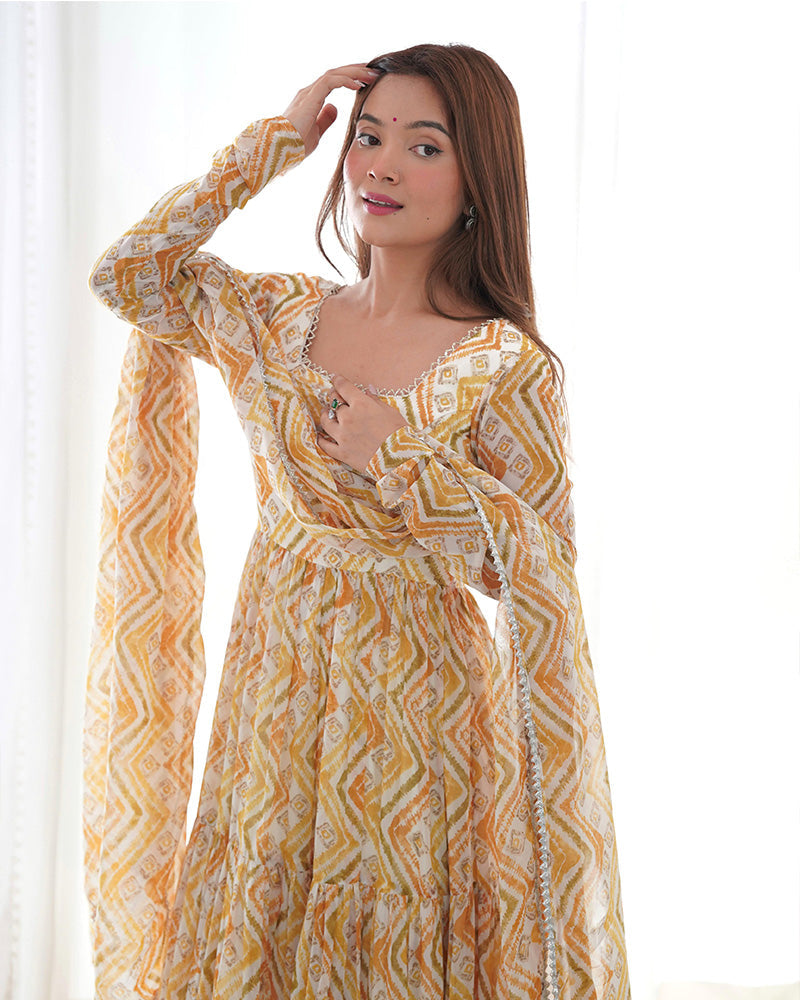 Womenline Off-White Color Soft Georgette Three Layer Ruffle Style Anarkali Suit