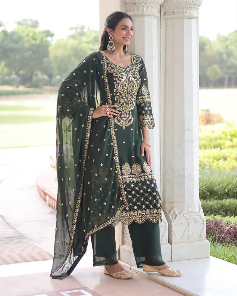 Womenline Mehndi Color Georgette Embroidered Three Piece Kurti Suit
