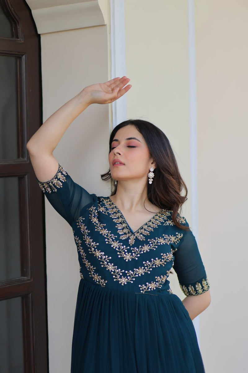 Womenline Rama Color Faux Blooming With Sequins Multithreaded Beads Embroidered work