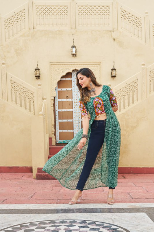Womenline Green Color Georgette Bandhani Print Navratri Kurti