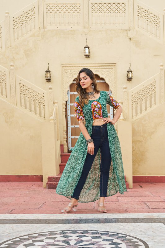 Womenline Green Color Georgette Bandhani Print Navratri Kurti