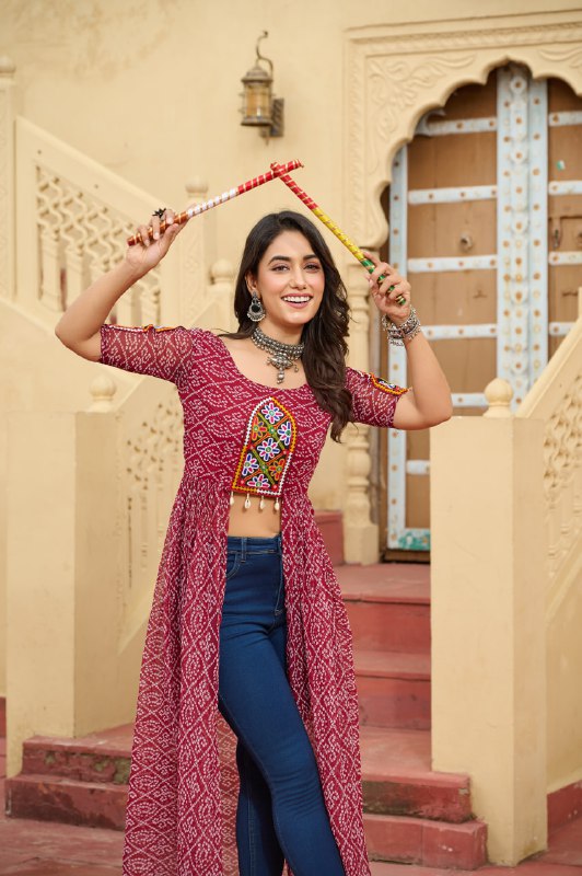 Womenline Maroon Color Georgette Bandhani Print Navratri Kurti