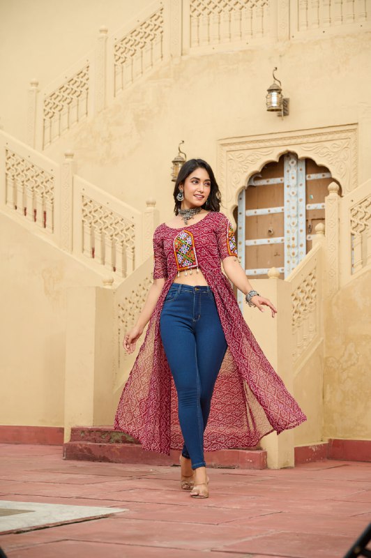 Womenline Maroon Color Georgette Bandhani Print Navratri Kurti