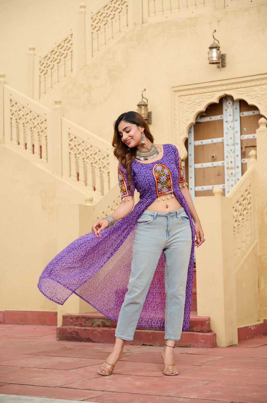Womenline Purple Color Georgette Bandhani Print Navratri Kurti