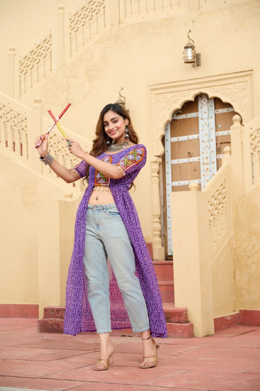 Womenline Purple Color Georgette Bandhani Print Navratri Kurti