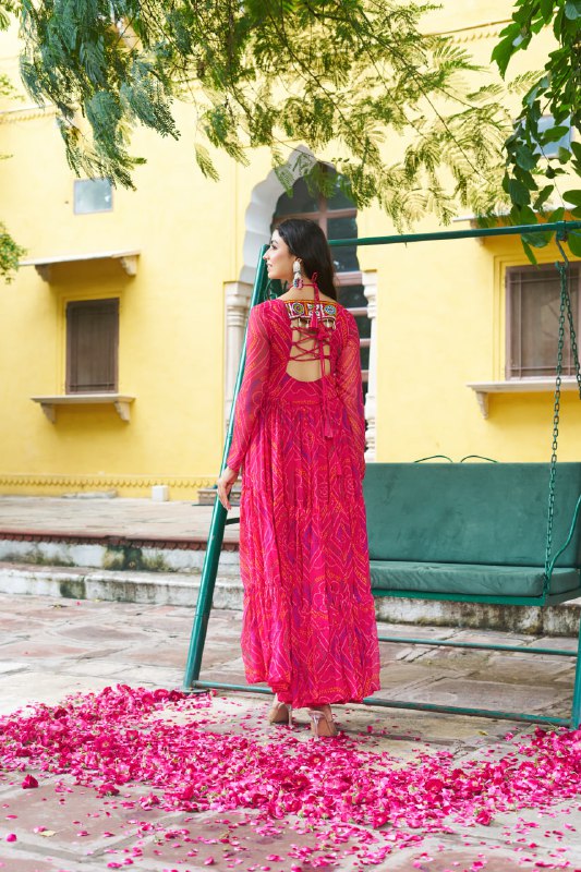 Womenline Festive Pink Ethnic Gown With Colorful Mirror Work