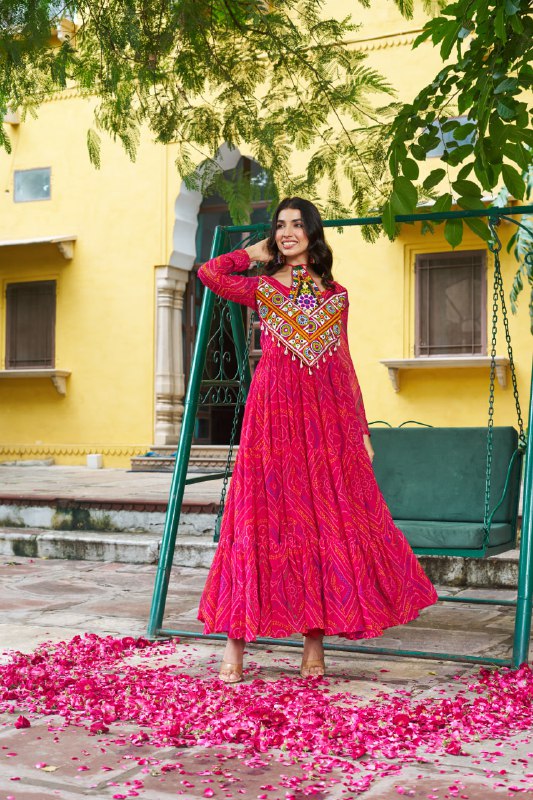 Womenline Festive Pink Ethnic Gown With Colorful Mirror Work