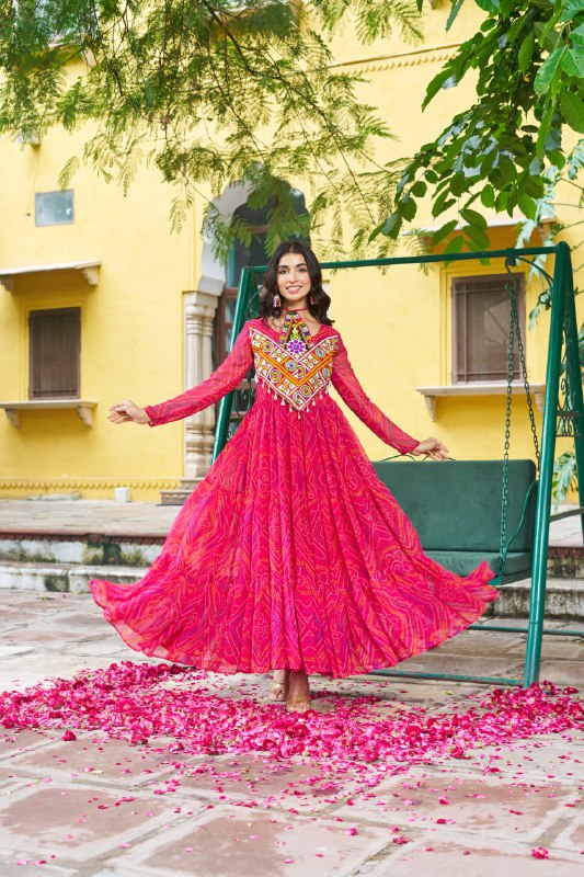 Womenline Festive Pink Ethnic Gown With Colorful Mirror Work