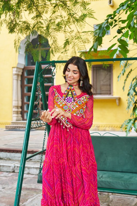 Womenline Festive Pink Ethnic Gown With Colorful Mirror Work