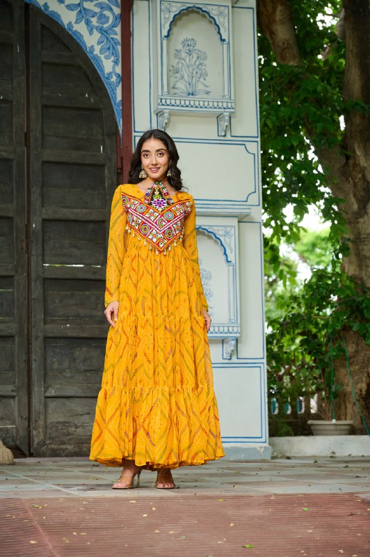 Womenline Festive Mustard Ethnic Gown With Colorful Mirror Work