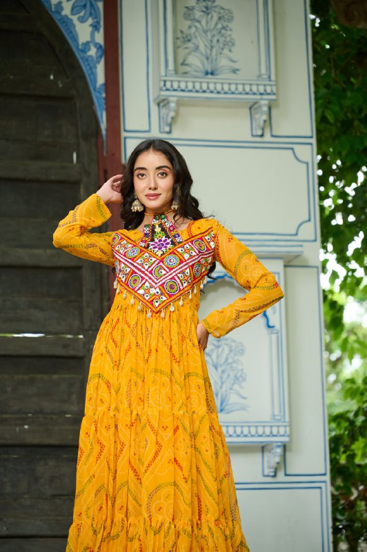 Womenline Festive Mustard Ethnic Gown With Colorful Mirror Work