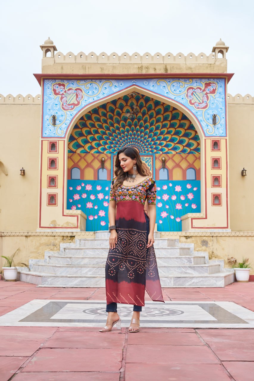 Womenline Maroon Colour Printed Reyon Gamthi Work Kurti