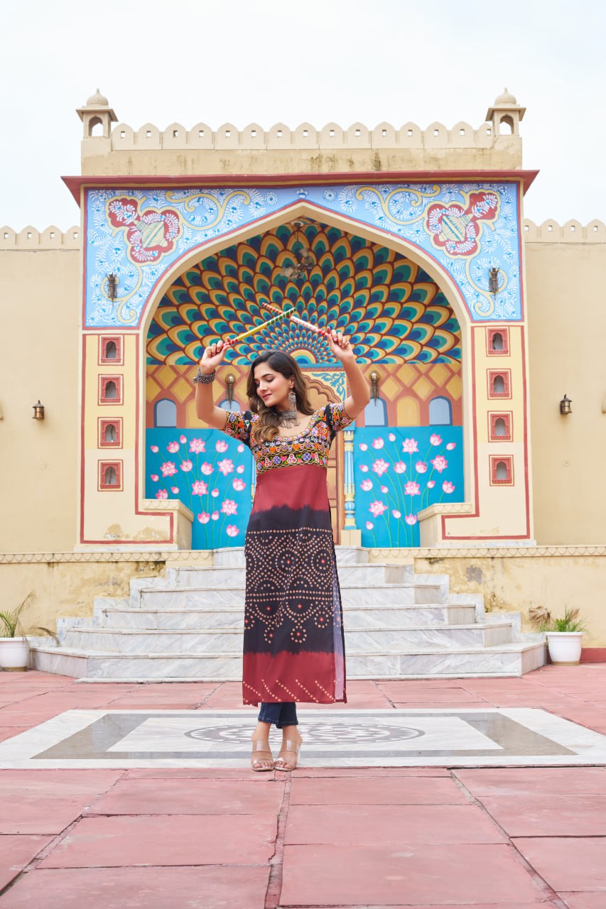 Womenline Maroon Colour Printed Reyon Gamthi Work Kurti