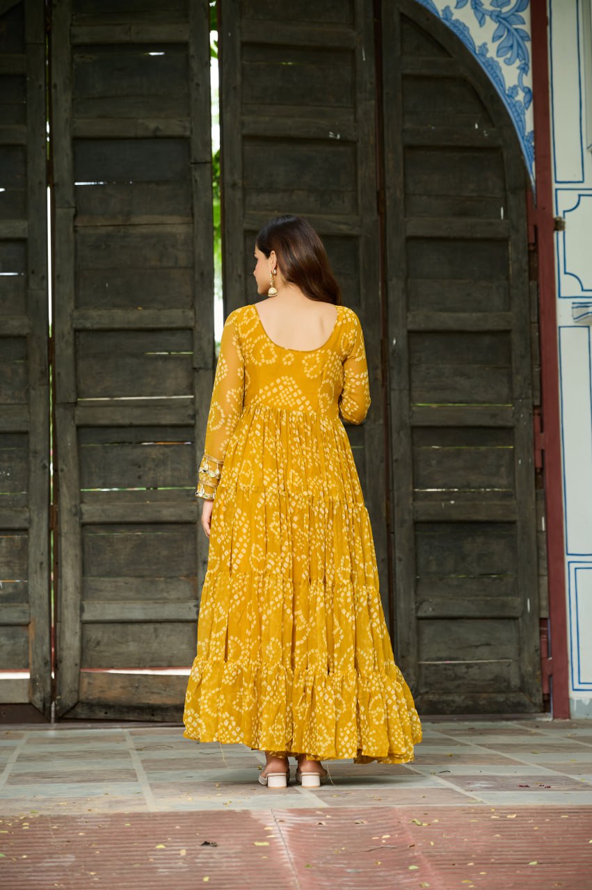 Womenline Yellow Colour Bandhani Print Faux Georgette Gown