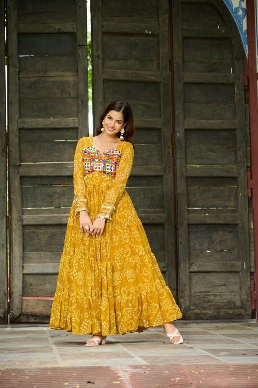 Womenline Yellow Colour Bandhani Print Faux Georgette Gown