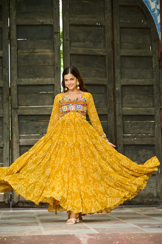 Womenline Yellow Colour Bandhani Print Faux Georgette Gown
