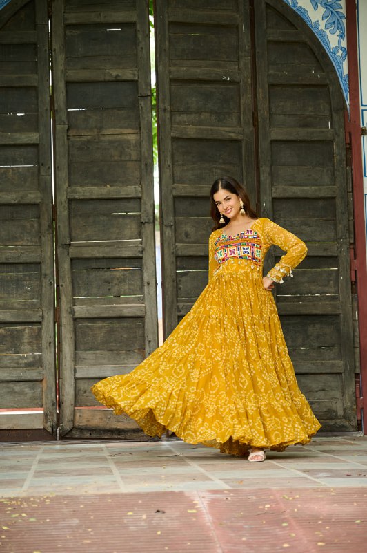 Womenline Yellow Colour Bandhani Print Faux Georgette Gown