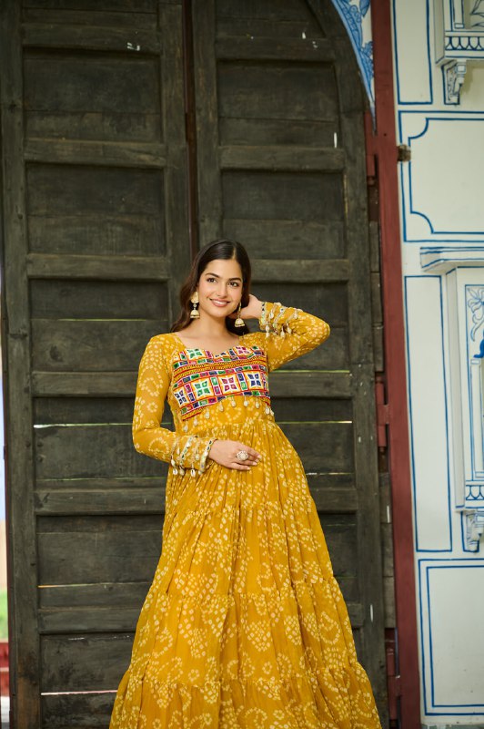 Womenline Yellow Colour Bandhani Print Faux Georgette Gown