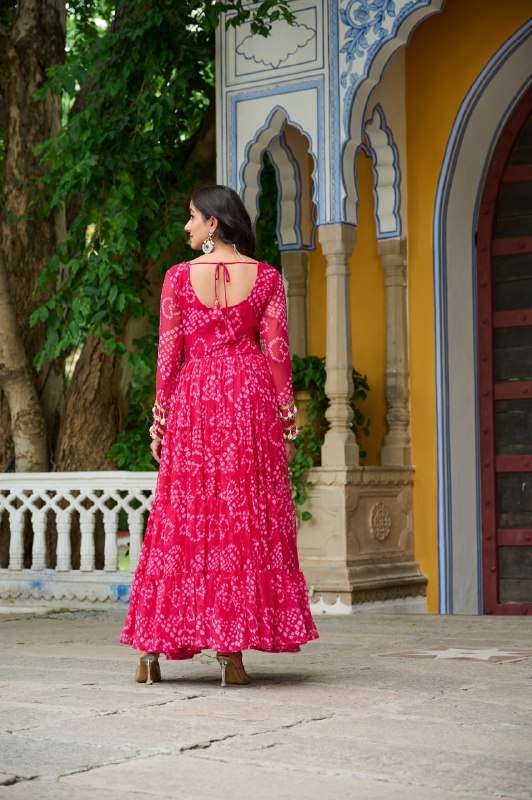 Womenline Pink Colour Bandhani Print Faux Georgette Gown