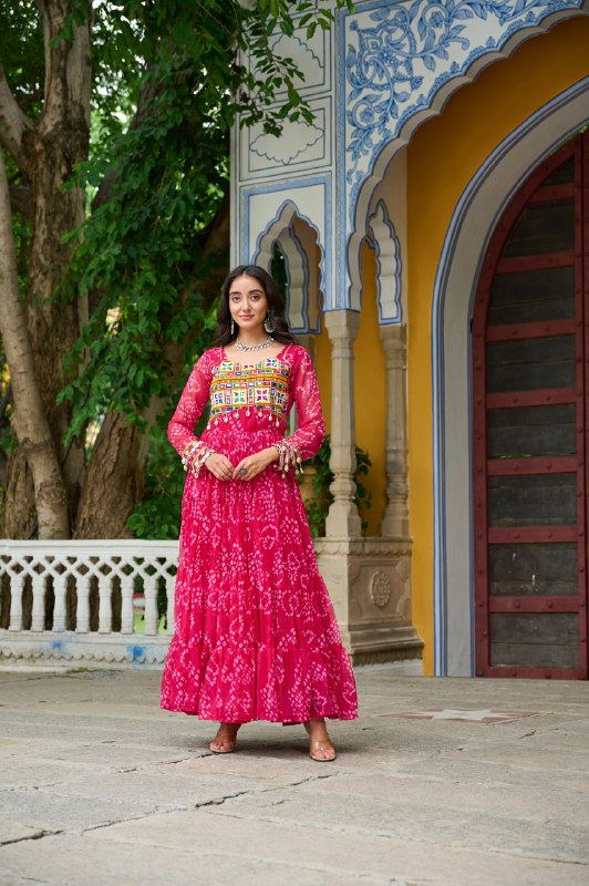 Womenline Pink Colour Bandhani Print Faux Georgette Gown